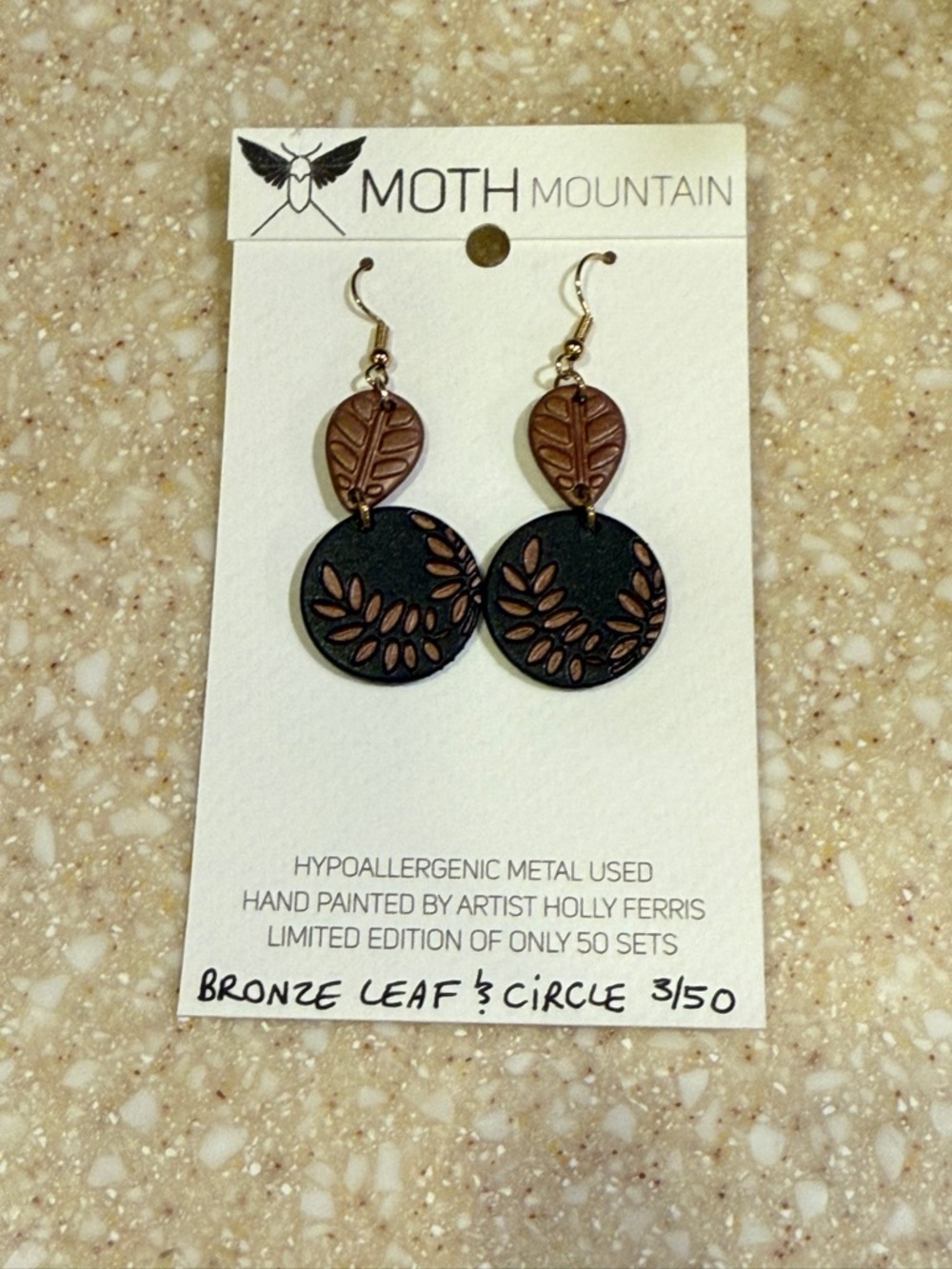 Moth Mountain Bronze Leaf Circle Dangle Earrings Limited Edition Hand Painted